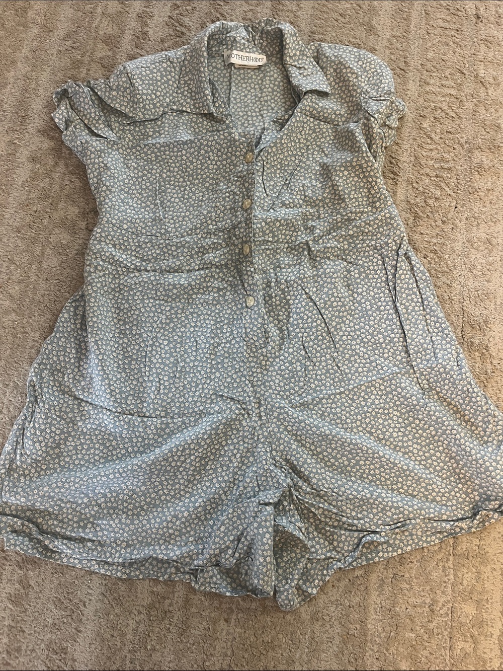 Vintage Motherhood Y2K 90s Maternity Blue Floral Collar Button-Up Romper Medium